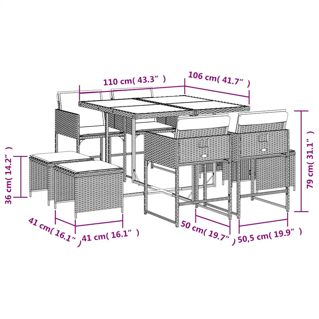 Set da Pranzo da Giardino 9 pz con Cuscini Nero in Polyrattan 3211314