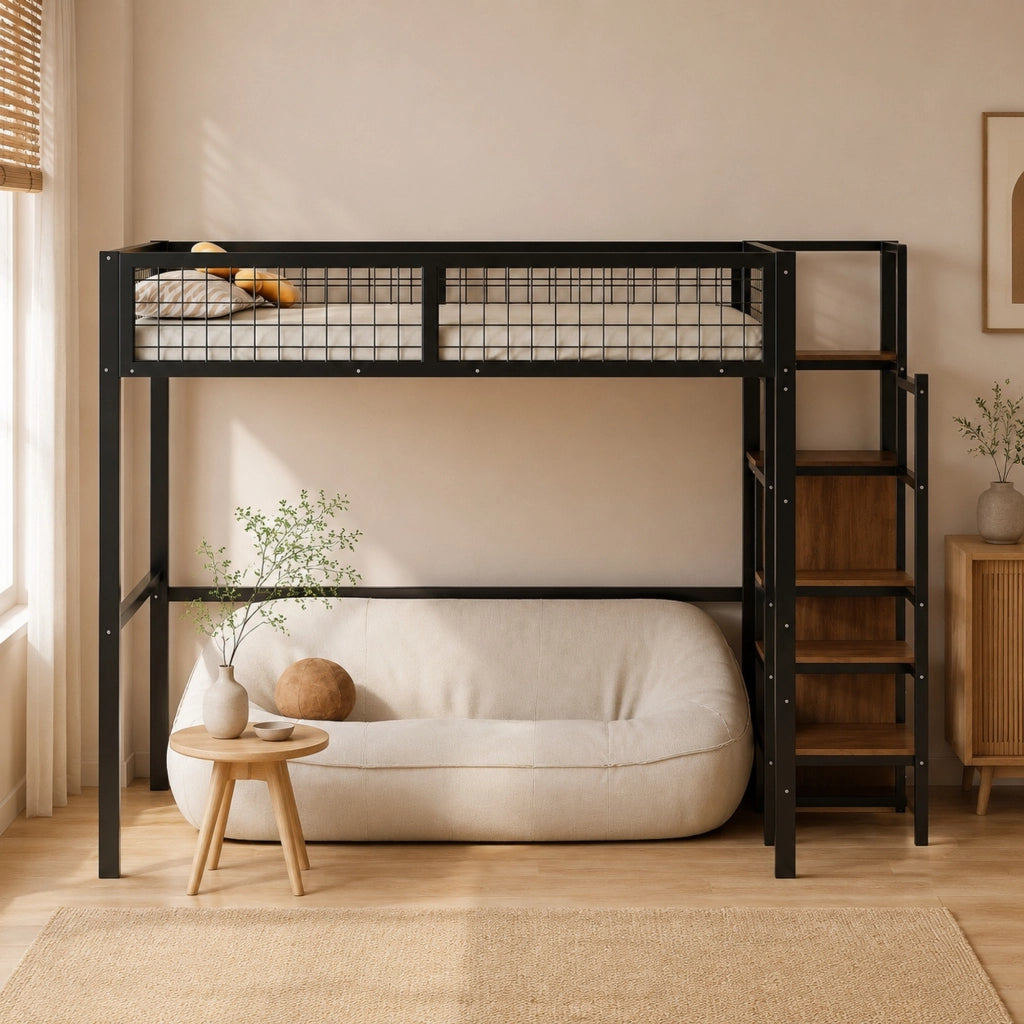 Letto a soppalco 140x200 cm nero con armadio e scala
