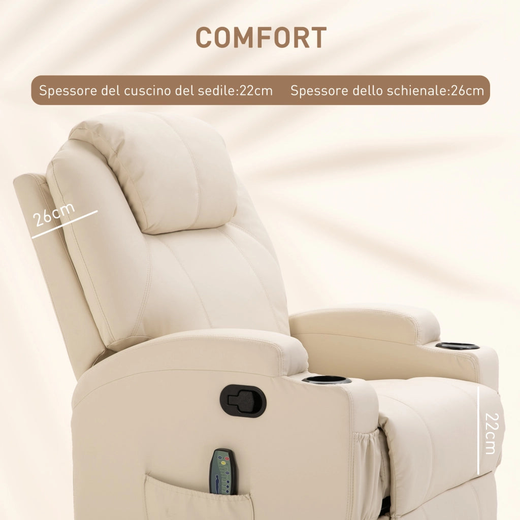 Poltrona Relax Reclinabile Girevole con 2 Portabicchieri, Telecomando, Poggiapiedi e 4 Tasche Laterali, in Pelle PU, Legno e Acciaio, Crema