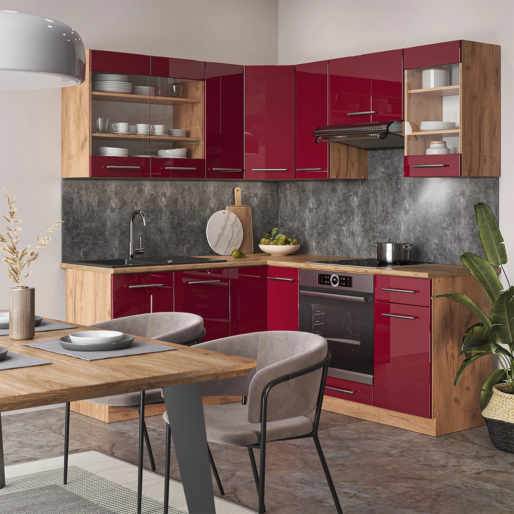 Vicco Cucina angolare completa Bordeaux lucido/rovere dorato 160 x 190 cm , PL Antracite