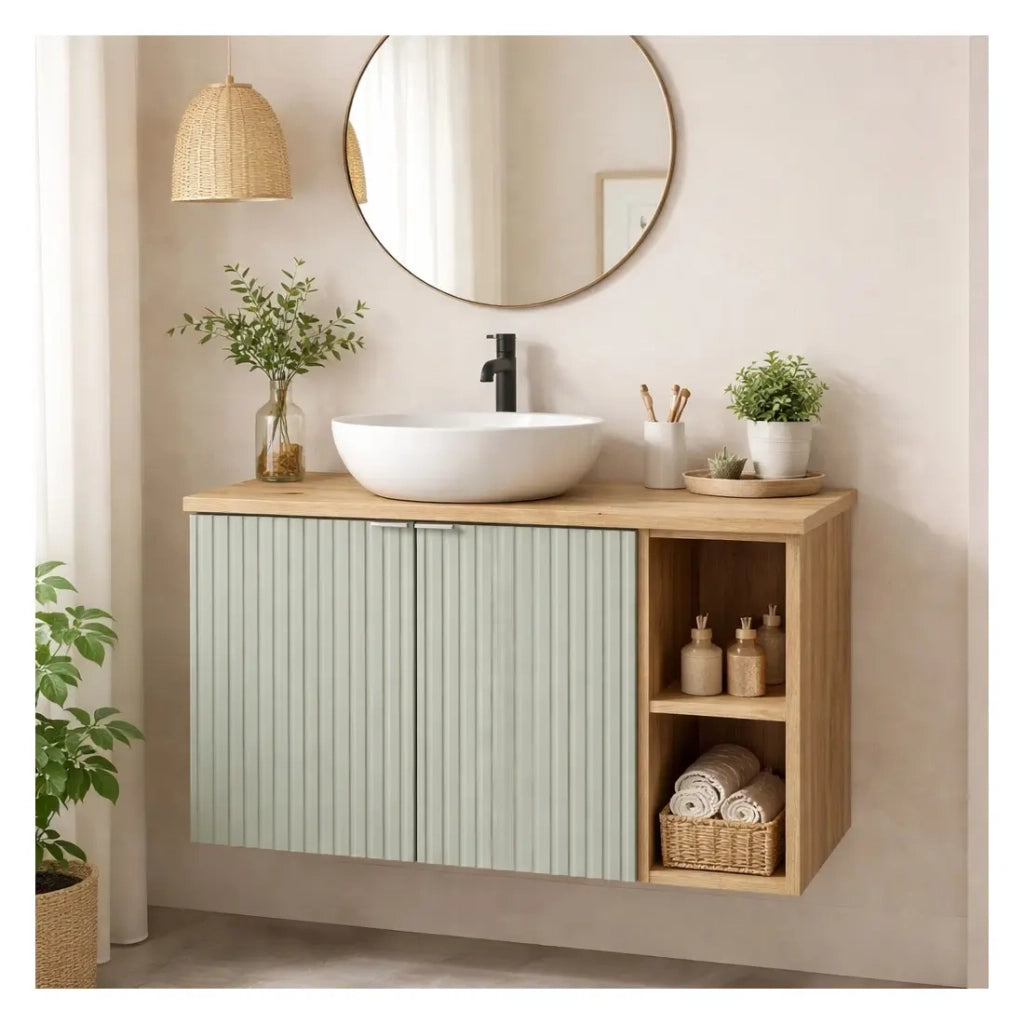Insieme ELVINA 80cm : mobile sotto lavabo con armadietti verdi e nicchie a vista + piano per lavabo in aspetto legno scuro
