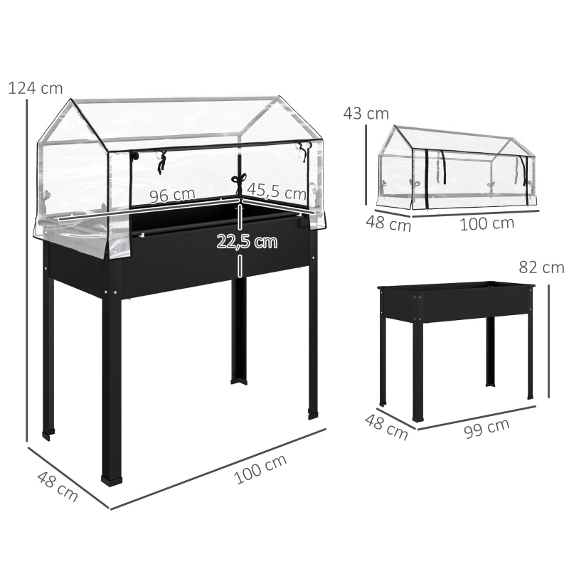 Hochbeet con tetto serra, cassone rialzato per piante in metallo nero 100 x 48 x 124 cm