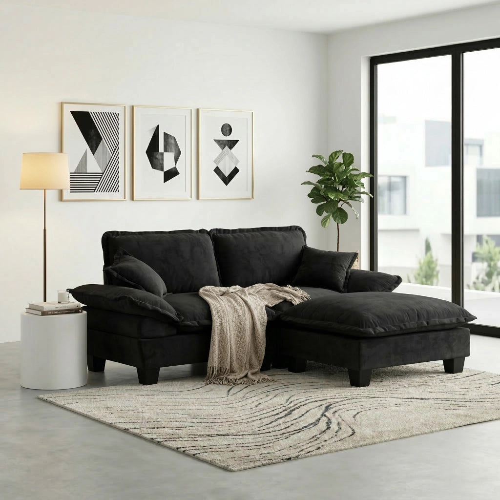 Divano Angolare Modulare con Ottomane ¨C MINIMAL ¨C Chenille Nero, Cuscini Inclusi
