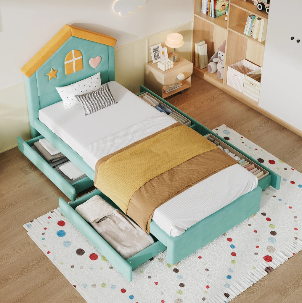 Letto per bambini imbottito a casetta 90x200 cm in velluto blu verde con 4 cassetti