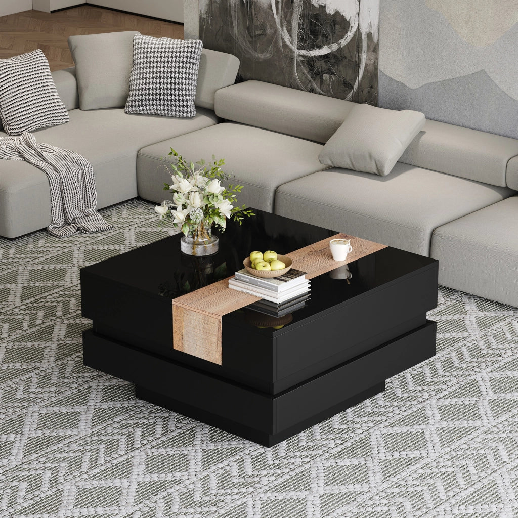 TAVOLINO DA CAFFÈ Quadrato 70x70x39 cm Nero in MDF con vano nascosto