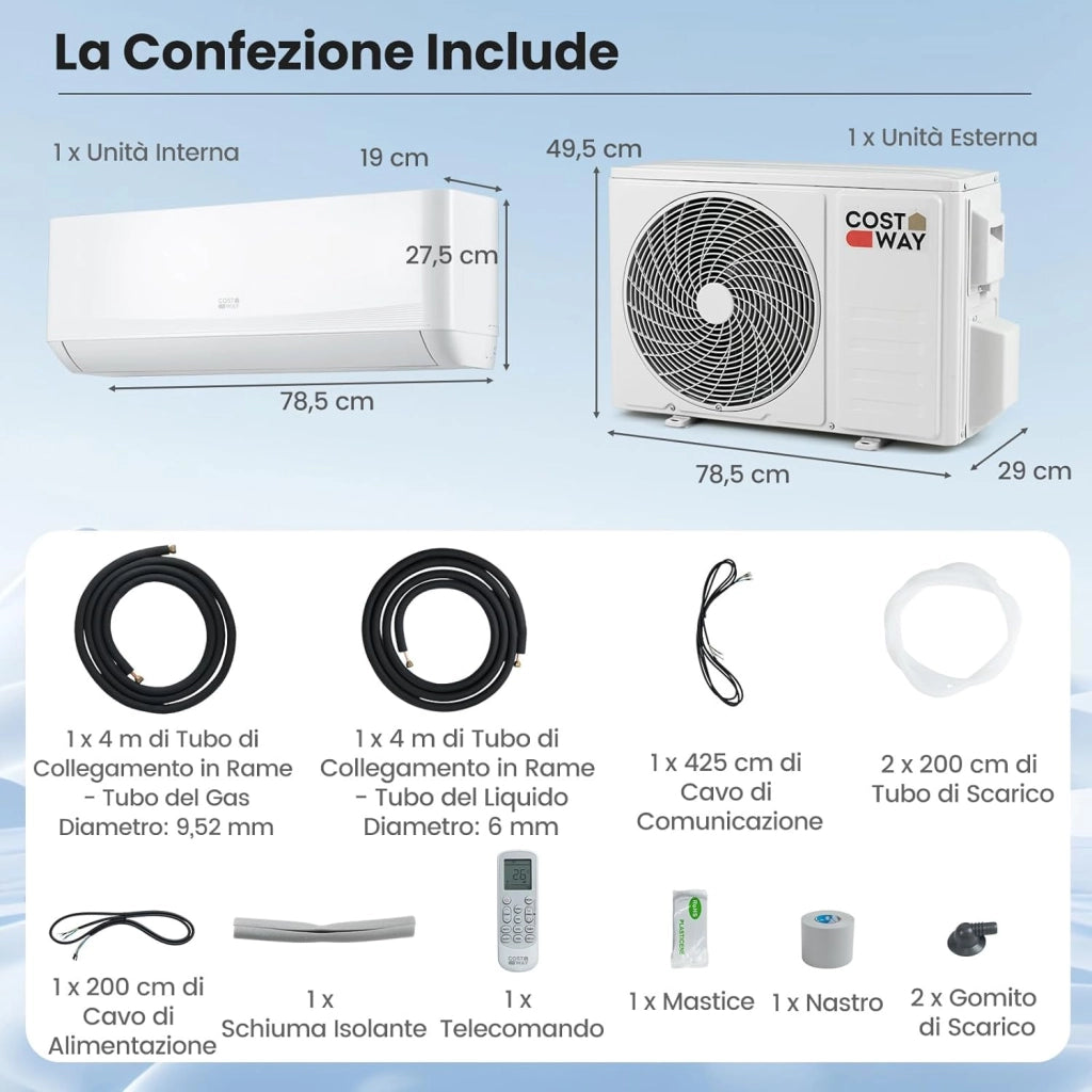 Climatizzatore Monosplit, Condizionatore Split con Pompa di Calore, Tecnologia Inverter, Flusso d’aria 4D con 8 Velocità, Funzione di Autopulizia e Timer di 24 ore (12000BTU, 3,4kW)