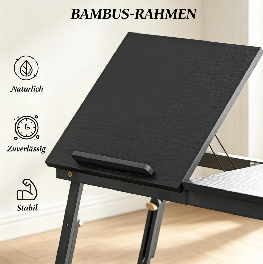 Tavolino da letto pieghevole e regolabile in bambù con piano inclinabile 70x33 cm nero