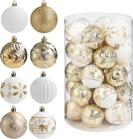 Decorazione di Natale a 34 pezzi - palloni di Natale dipinti a forma di renna - giallo bianco - decorazione di Natale per albero.