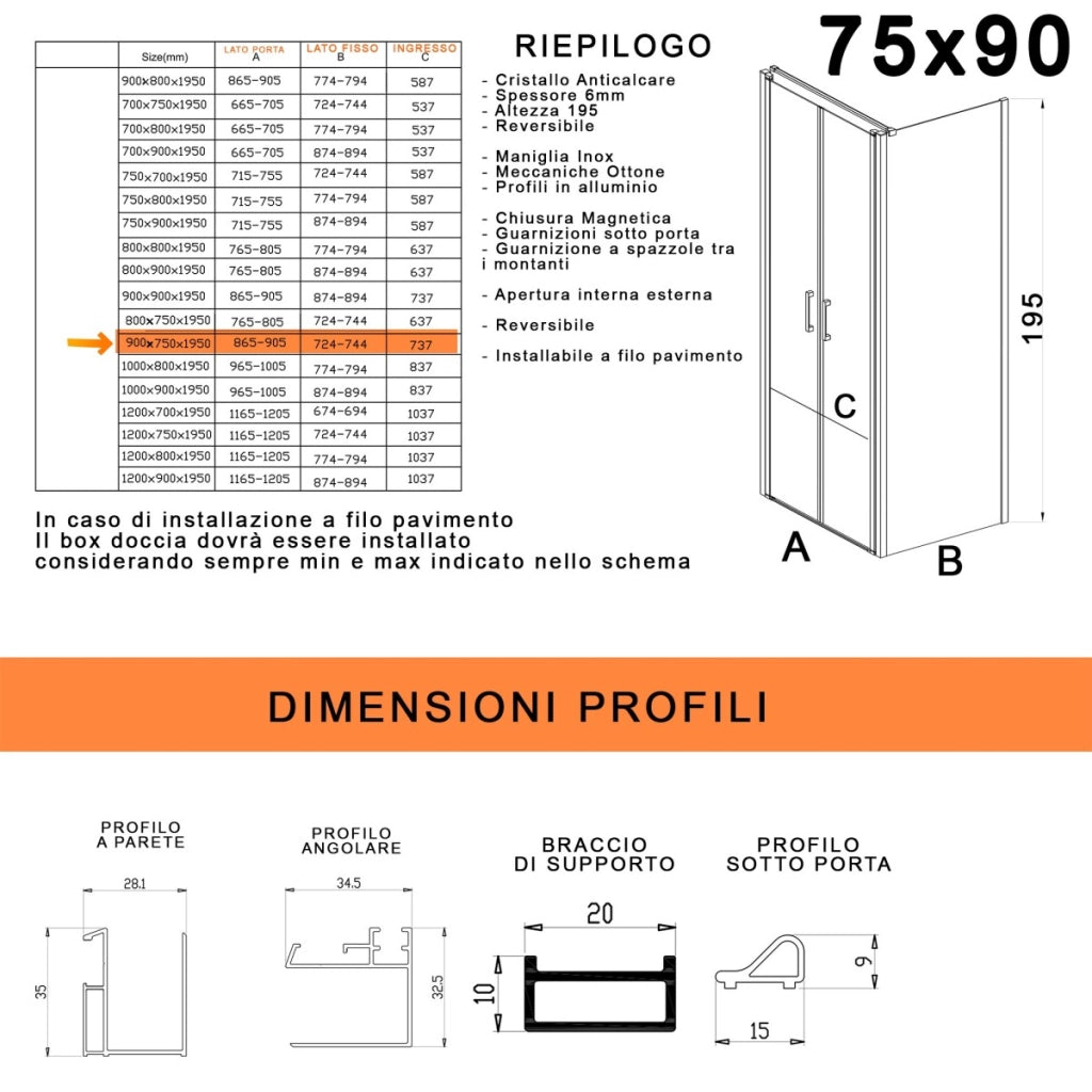 Box doccia due lati con porta saloon h195 6mm anticalcare dobla, misura 75x90