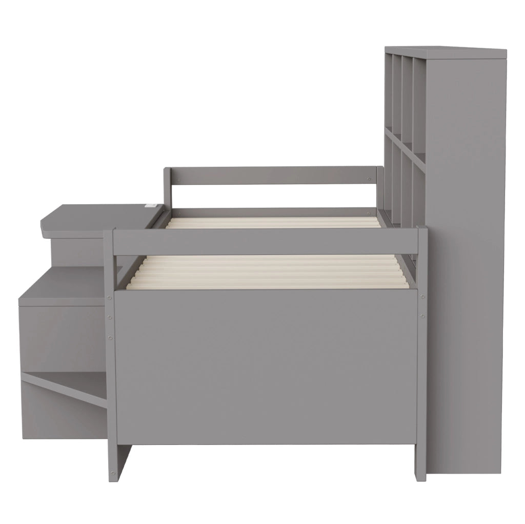 Letto singolo multifunzione 90x200 cm con scrivania; vani contenitore e LED; grigio