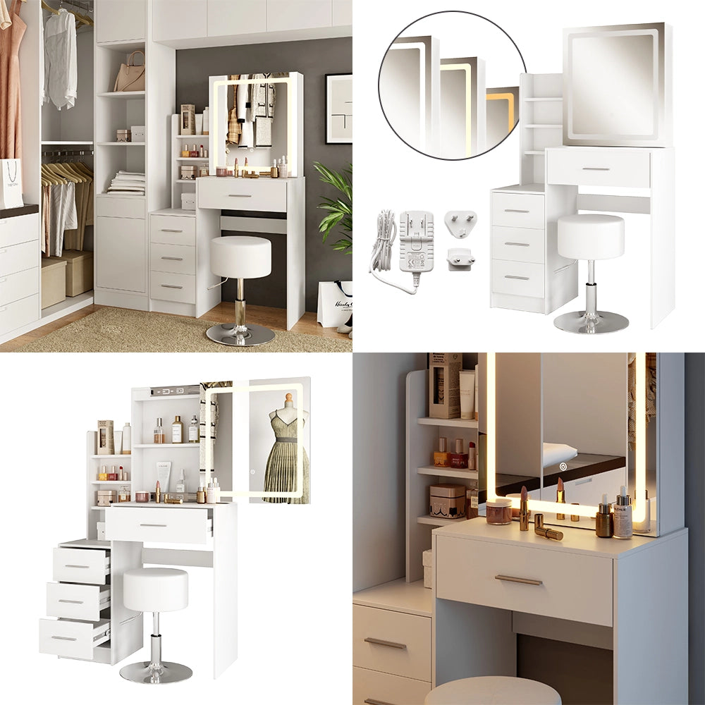 Vicco Tavolo da toilette Bianco 80 cm con specchio LED e sgabello