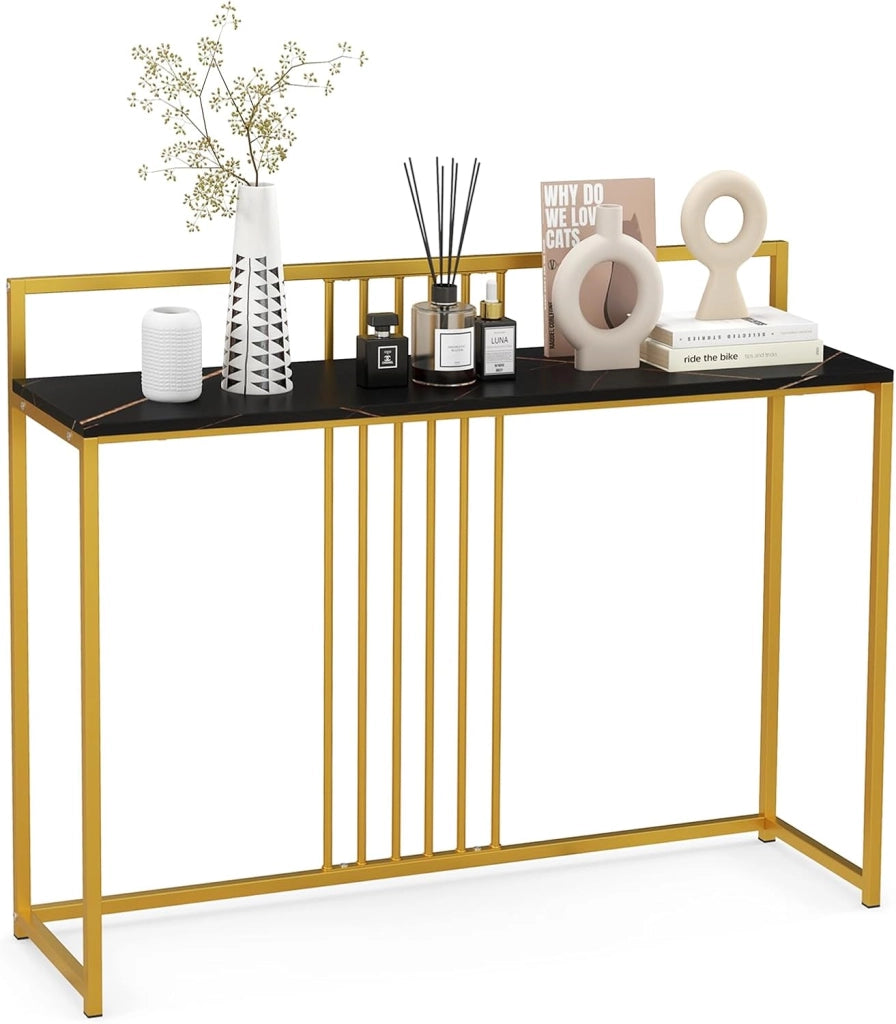 Tavolo Consolle 120 cm, Tavolo d’Ingresso con Piano Effetto Marmorino e Sponda, Consolle con Struttura in Metallo Dorato per Salotto, Corridoio e Ingresso (Nero)