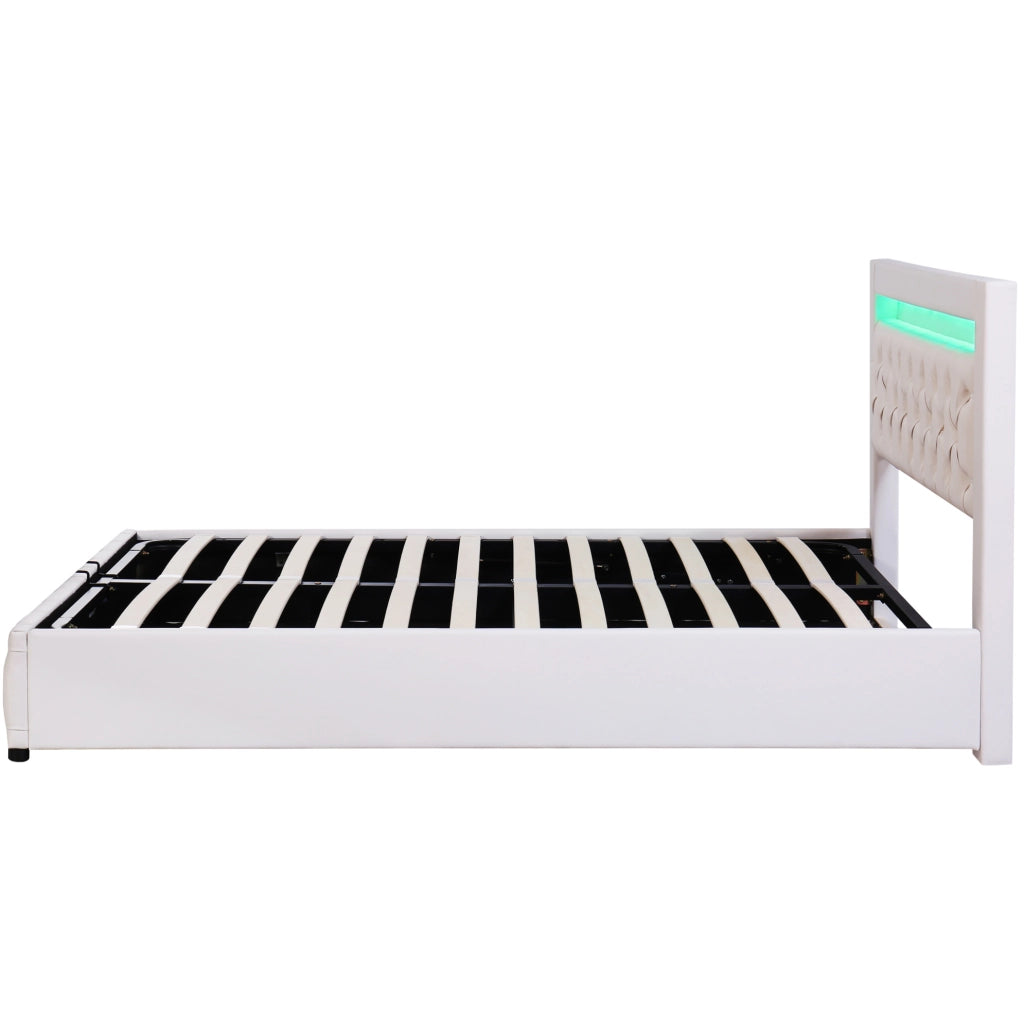 Letto imbottito 140x200 cm con LED; contenitore; rete a doghe; similpelle bianca
