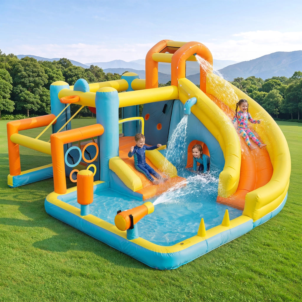 Castello gonfiabile con scivolo, piscina, campo da calcio e canestro in tessuto oxford colorato 360 × 320 × 200 cm