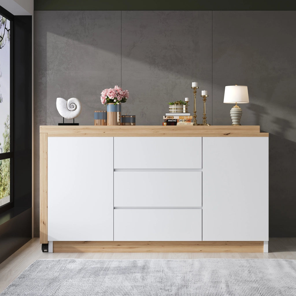Scrivania pieghevole girevole bianco e rovere con 2 ante