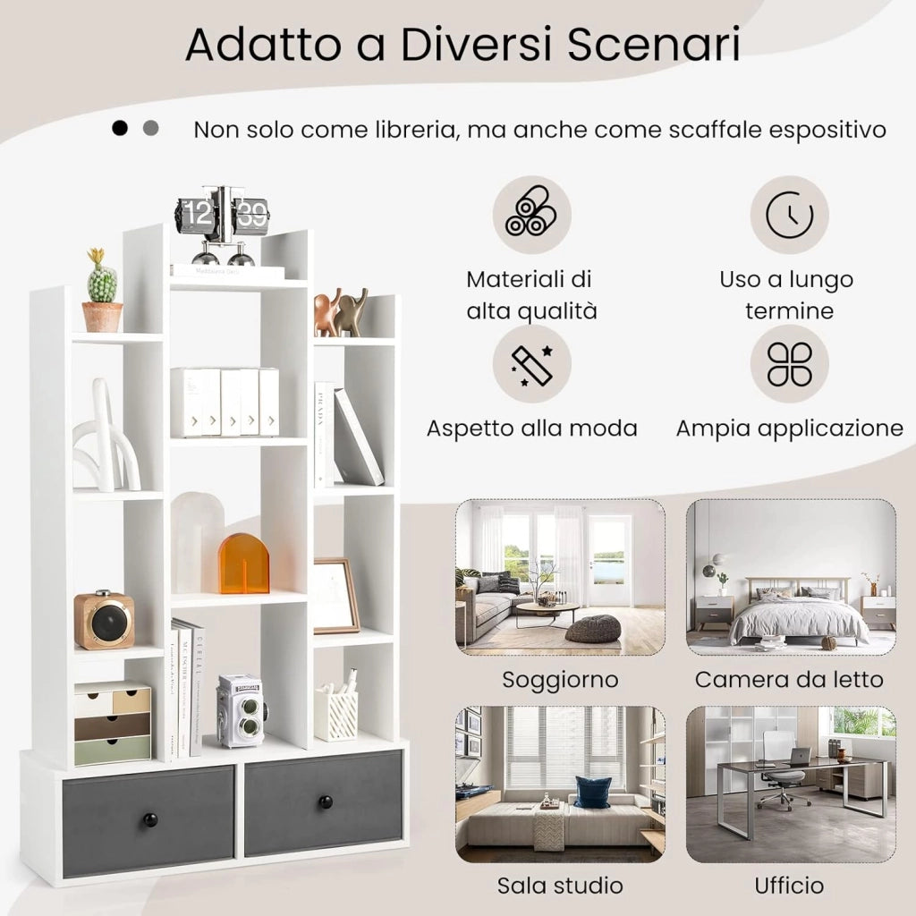 Libreria in Legno a 12 Piani, Scaffale Multifunzionale con 2 Cassetti e 12 Scomparti, Scaffale Espositivo per Soggiorno Studio Ufficio, 80x24x132 cm (Bianco, 2 cassetti)
