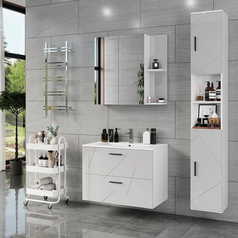 Mobile alto Irma, Bianco/bianco lucido, 30 x 190 cm con 2 porte