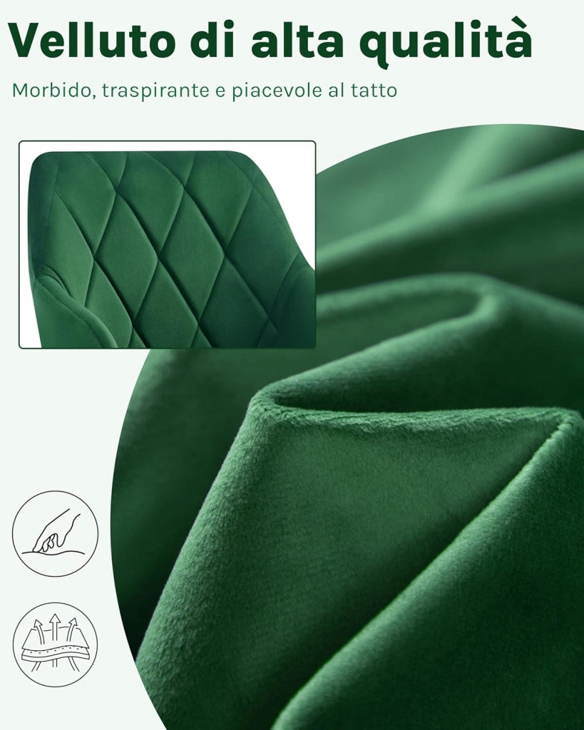 1x Sedia per Sala da Pranzo Imbottita, Poltroncina in Velluto,Sedia da Cucina con Braccioli e Schienale, Gambe in Metallo, Verde Scuro, BH352dgn-1