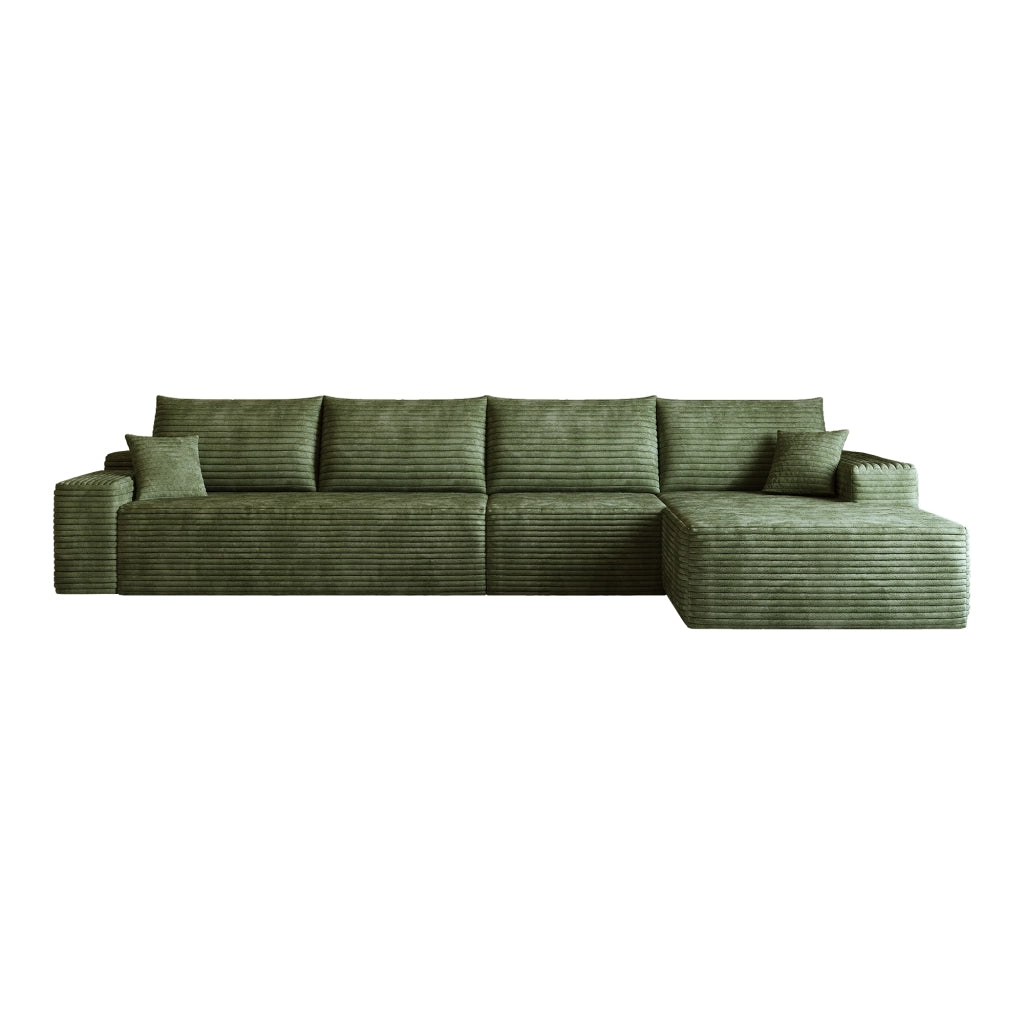 Divano modulare angolare con chaise longue e seduta profonda in tessuto verde