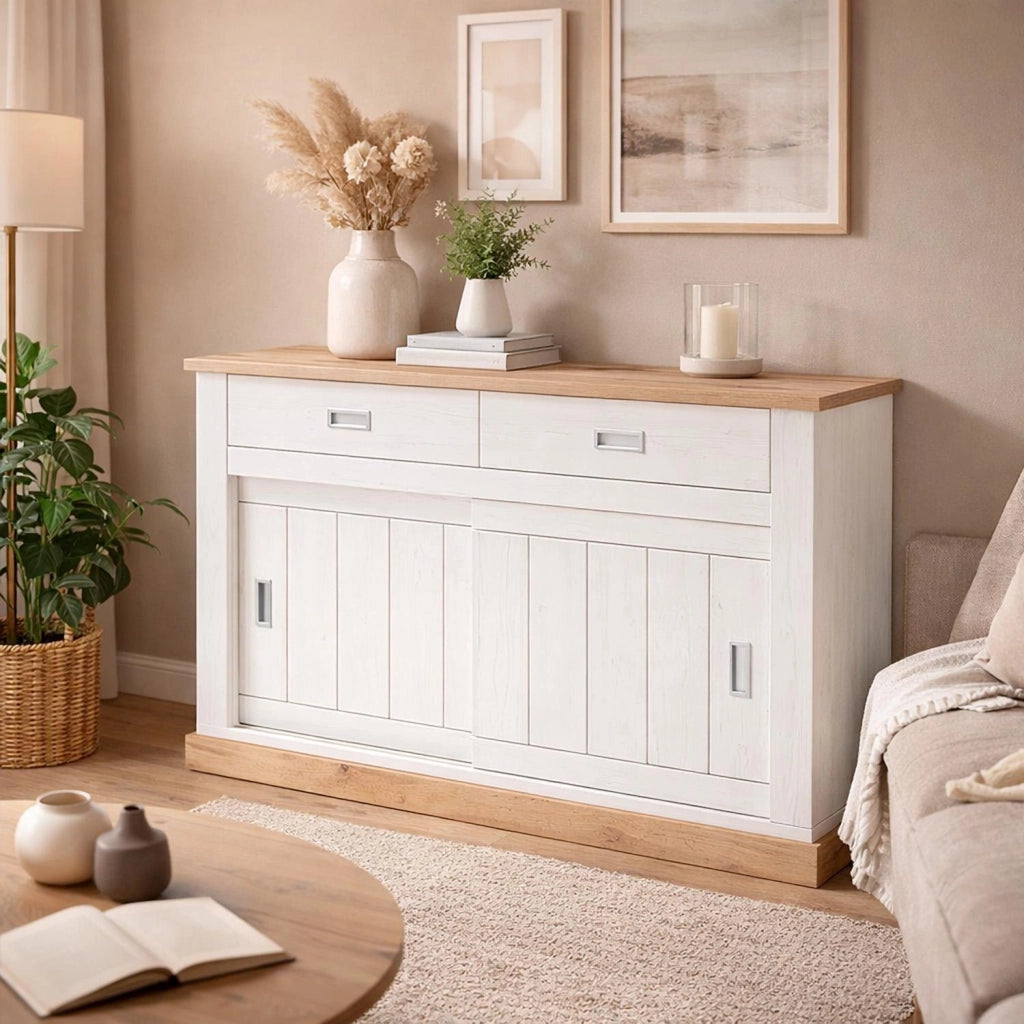 Mobile Madia Credenza Soggiorno Con 2 Cassetti E 2 Ante Scorrevoli 4 Ripiani Interni Design Minimal Shabby Chic Zona Living Sala Da Pranzo 150 x 50 x 95.5 Cm Bianco E Rovere