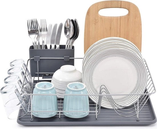 Afdruiprek con contenitore per acqua e ripiano per piatti - Grande capacità - Supporto per utensili esterni - Supporto per bicchieri - Afdruiprek in grigio con contenitore per acqua ripiegabile