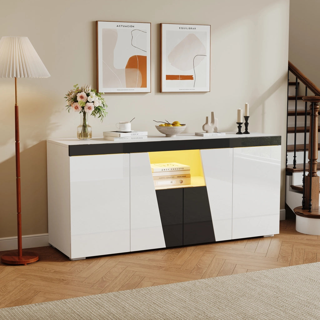 Credenza con 4 ante e ripiani regolabili, LED controllato da app, per soggiorno, bianco e nero, 140 × 40 × 65 cm