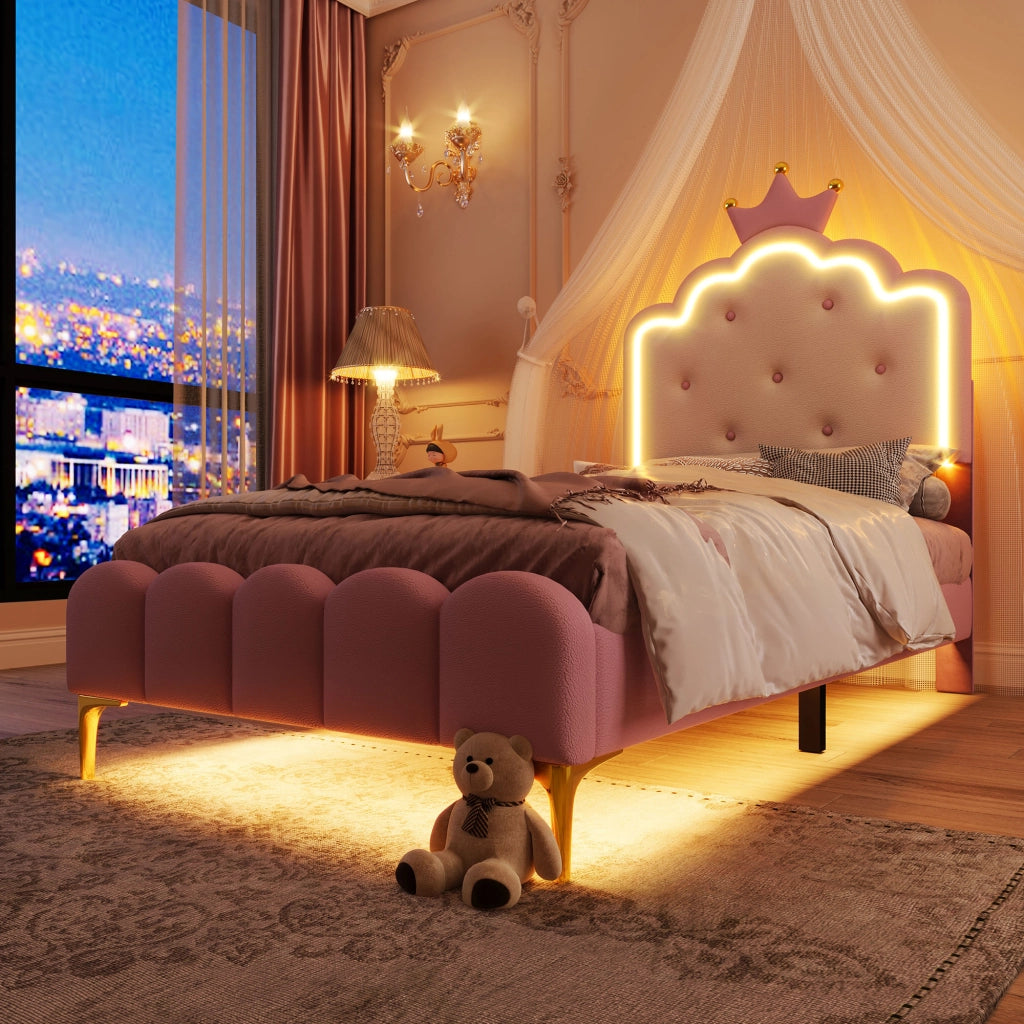 Letto singolo a forma di corona, 90 x 200 cm, con rete a doghe, LED ambientale, rosa, PU