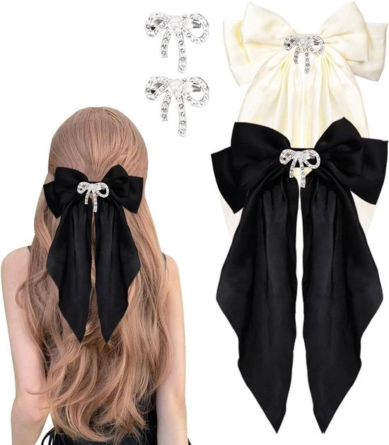 Bicchieri di capelli a forma di arco in satin - nero beige - pacchetto da 2 pezzi - con spille di sicurezza