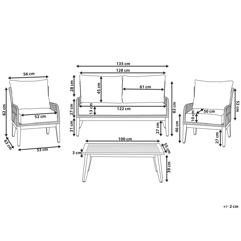 Set Conversazione Giardino Legno Acacia Grigio Cuscini Moderni da Esterno 4 Posti con Tavolino