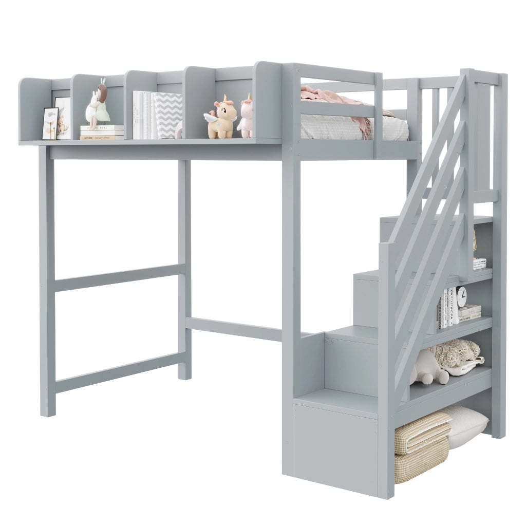 LETTO a soppalco 90x200 cm in legno grigio con LED, scala e vani portaoggetti