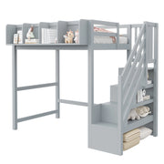LETTO a soppalco 90x200 cm in legno grigio con LED, scala e vani portaoggetti