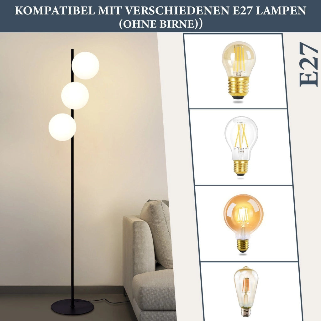 ZMH Lampada da terra moderna 3 luci E27 bianco vetro opalino design industriale vintage interruttore pedale