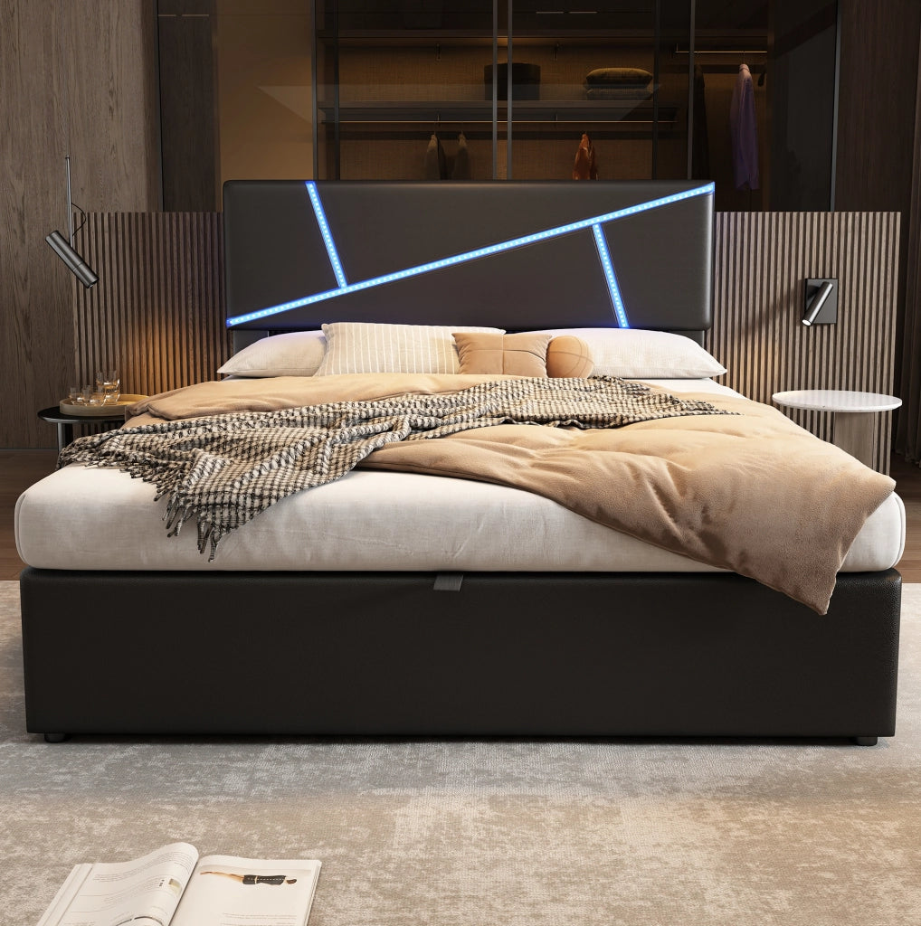Letto matrimoniale 140x200 cm con contenitore e LED; rivestimento in PU; nero