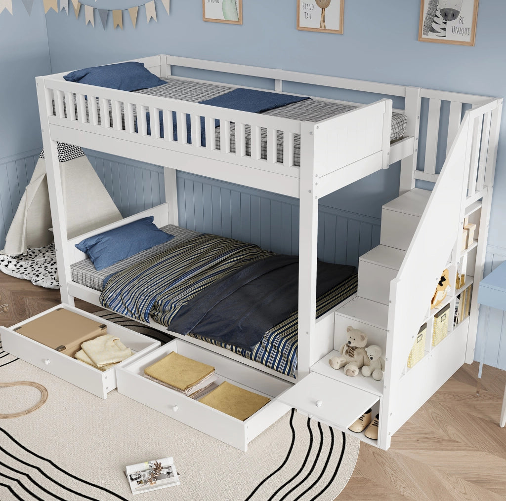 Letto a castello per bambini 90x200 cm in legno bianco con scala contenitore; 2 cassetti e barriera di sicurezza