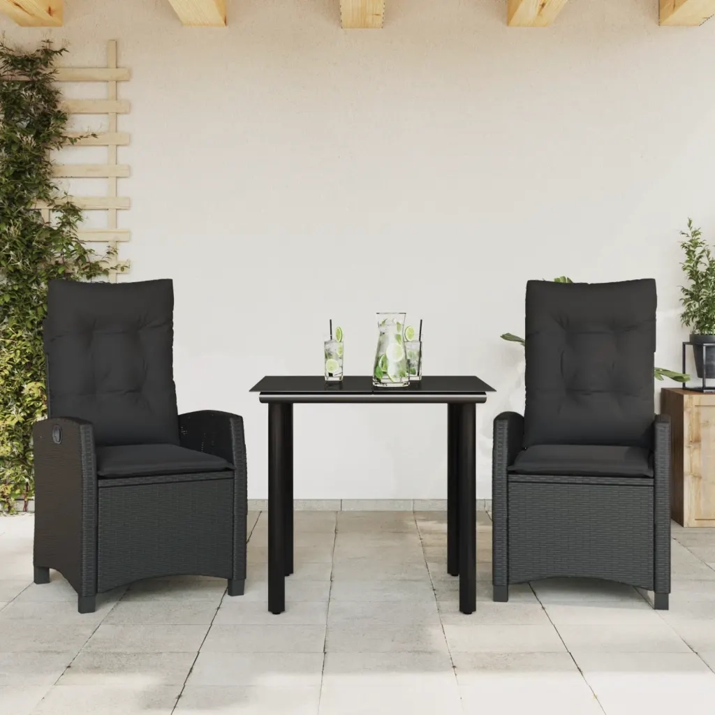 Set da Pranzo da Giardino 3 pz | Set Salotto da Giardino con Cuscini Nero in Polyrattan