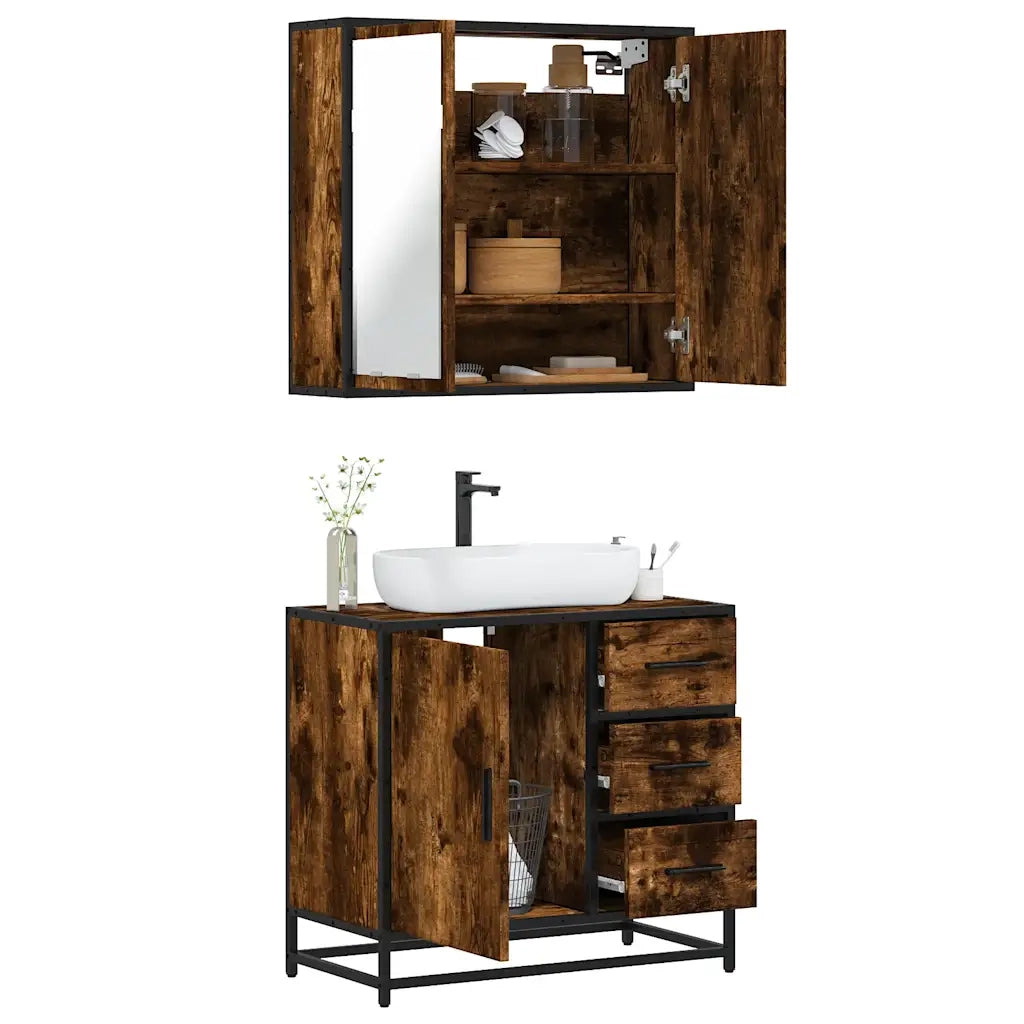 Set Mobili da Bagno 2 pz Rovere Fumo in Legno Multistrato