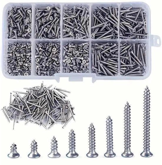 Set di viti - 800 pezzi - Cassa di archiviazione - Cassa assortimento - Metrico - Viti a testa a inbus - Viti a bollo - RVS - Argento