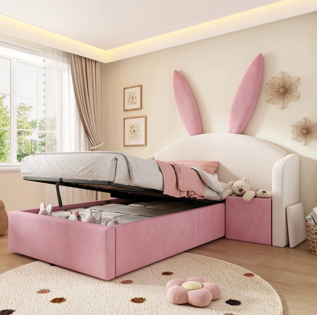 Letto imbottito 90x200 cm con contenitore idraulico e comodino reversibile