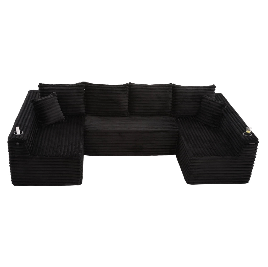 Divano modulare a U in tessuto corduroy nero 320 x 155 x 88 cm con portabicchieri