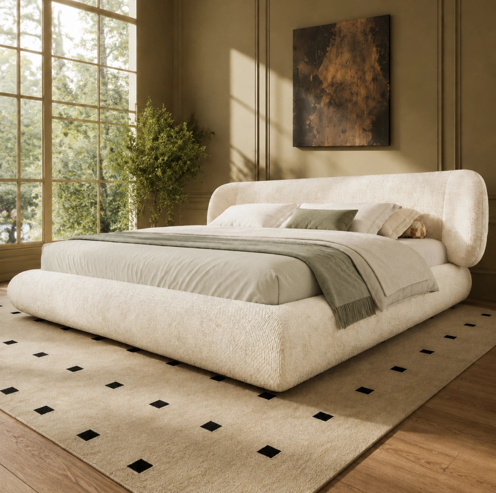 Letto matrimoniale imbottito 140 x 200 cm in ciniglia beige con rete a doghe