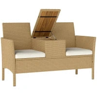 Panca da Giardino con Tavolino a Ribalta Portaoggetti, in Rattan e Acciaio, 134x58x82 cm, Crema e Cachi