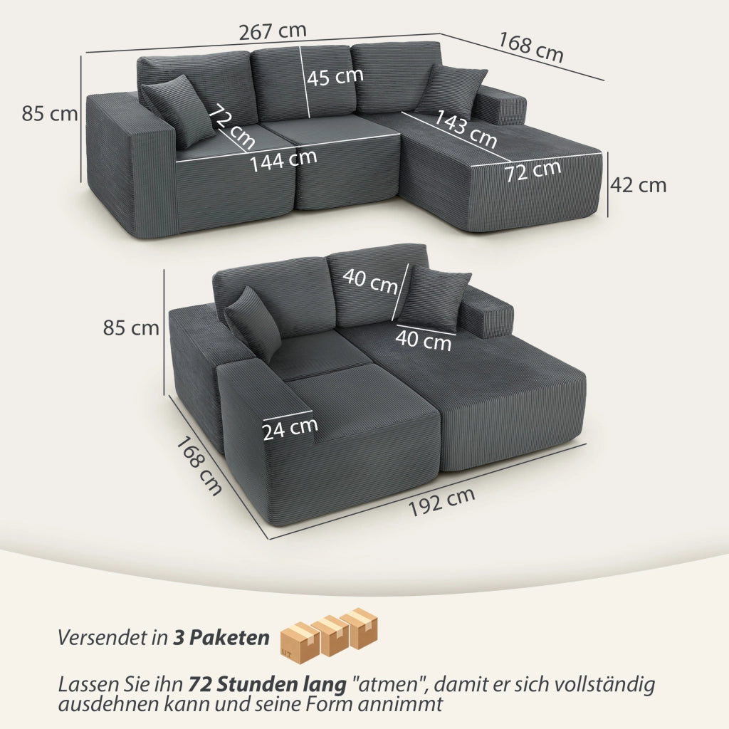 Divano letto angolare L con cuscini, imbottito, braccioli larghi, seduta profonda ¨C zephmum ¨C grigio scuro