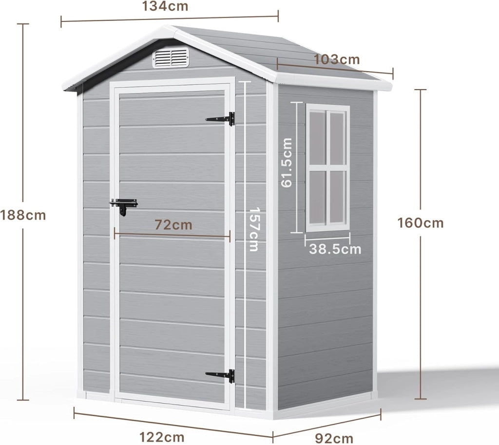 Casetta da Giardino in Resina, Capanno Porta Attrezzi Intemperie con Finestra e Ventilazione, Box Stoccaggio con Serratura per Attrezzi da Giardino, 122 x 92 x 187 cm (Grigio)