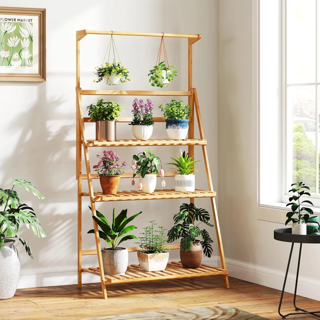 Porta Piante da Interno ed Esterno, Scaffale per Piante e Fiori a 3 Ripiani con Asta Rimovibile, Porta Vasi Pieghevole da Balcone, Giardino e Salotto, 71 x 40 x 144 cm