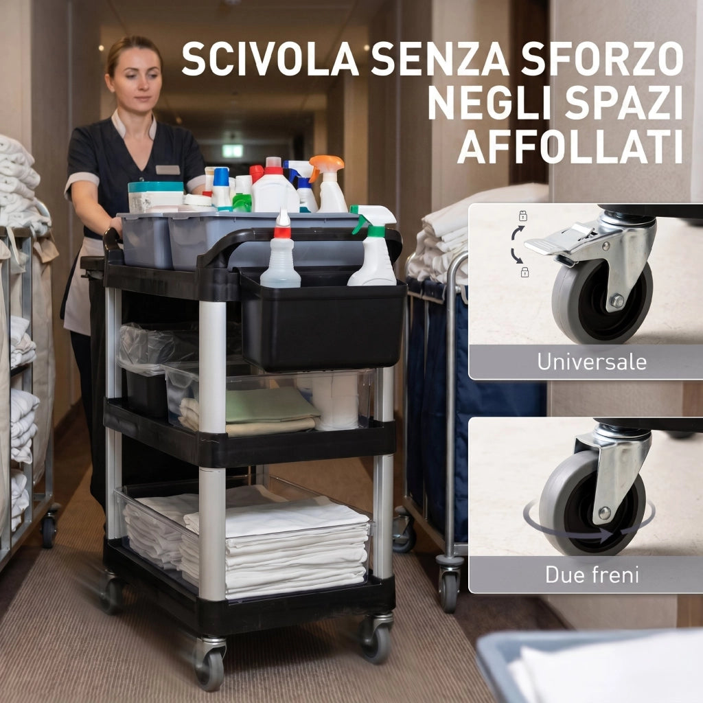Carrello Pulizie Professionale a 3 Ripiani con 2 Contenitori Rimovibili. Bidone Laterale e 4 Ruote. Nero