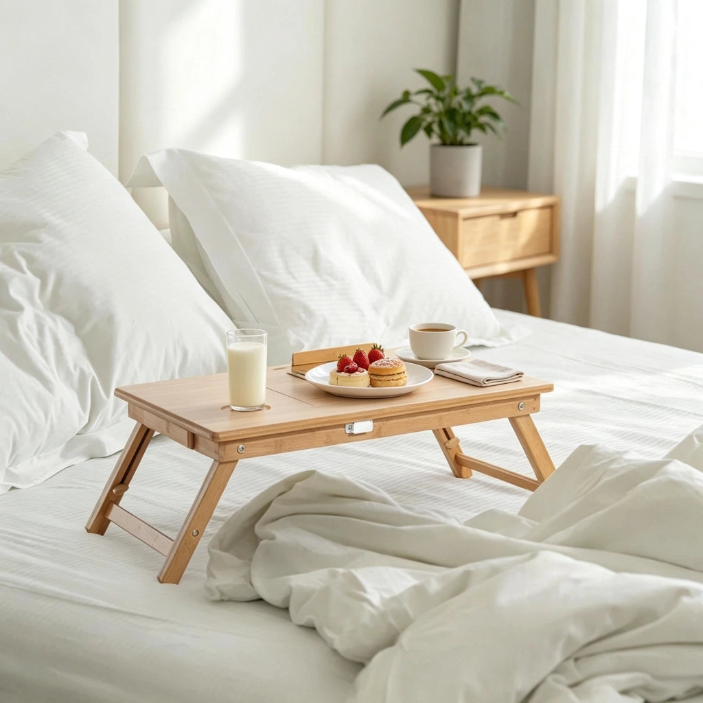 Tavolino pieghevole con cassetto e piano inclinabile per letto in bambù 55×35×22-32.5 cm