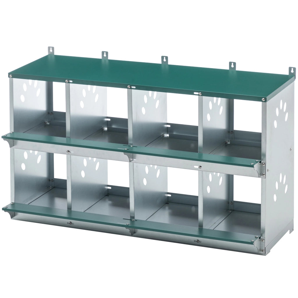 Nido per galline in metallo a 8 scomparti, verde, struttura zincata resistente, facile da pulire, 108 x 41 x 67 cm