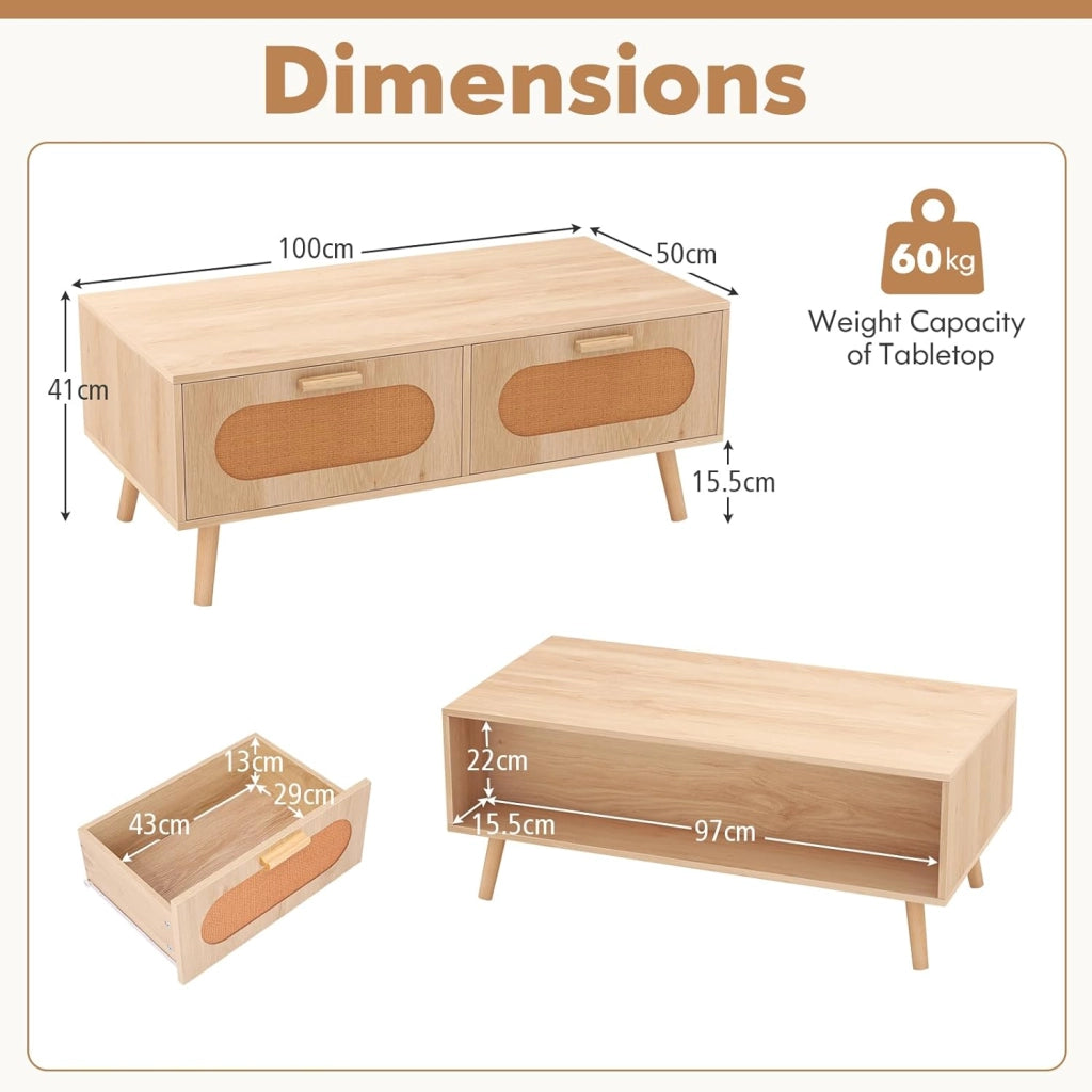 Tavolino da Salotto in Rattan, Tavolino da Caffè Rettangolare con 2 Cassetti, 1 Scomparto Aperto, 4 Gambe Rialzate, Tavolo Basso Boho in Legno Massello per Soggiorno Ufficio, Naturale