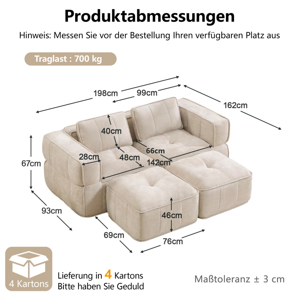 Divano modulare in poliestere beige con seduta profonda; 198x162x67 cm