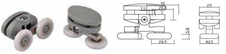 Coppia Cuscinetti Doppia Ruota Attacco Superiore Box Doccia – Nylon Grigio Ø23 mm – Foro 9 mm – Interasse 26,5 mm